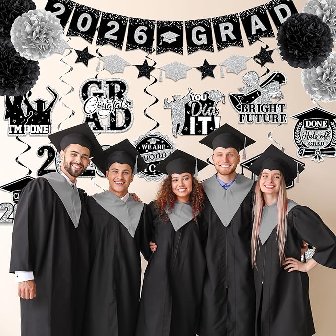 Black and Silver Graduation Decorations 2026, 2026 Grad Banner and Congrats Grad Hanging Swirls, Silver Graduation Banner Graduations Hanging Swirls College Graduations Party Decorations Class of 2026