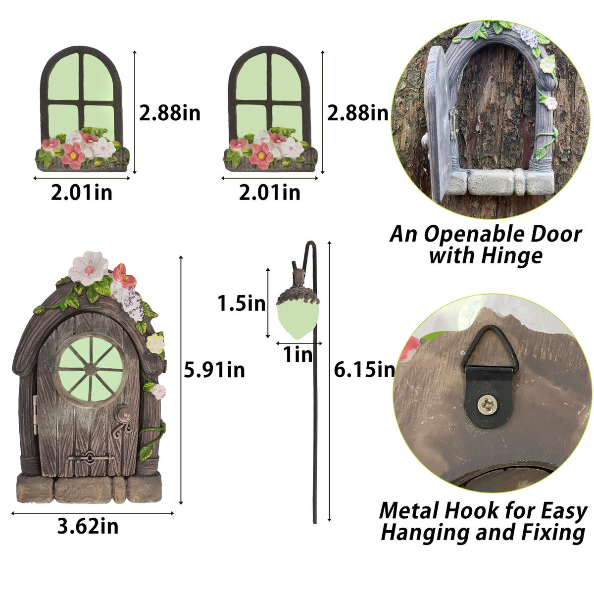 FESTGLOX Fairy Garden Door Windows for Tree Trunk Outdoor, Glow in the Dark