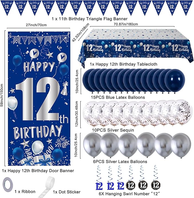 12th Birthday Decorations for Boys Girls, Blue Silver Happy 12th Birthday Party Decorations Supplies - Happy 12 Birthday Backdrop Banner Tablecloth Triangle Flag Balloons for 12 Year Old Party