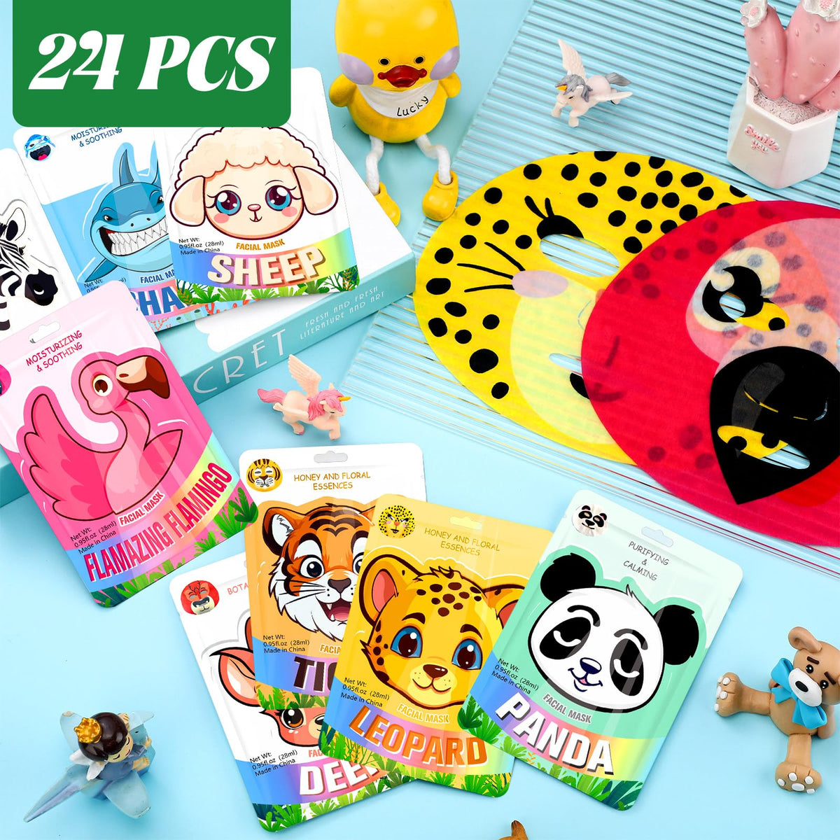 Dansib 24 Pcs Animal Face Masks Bulk Spa Sheet Skincare Facial Mask Funny Face Skin Care for Women Girls Sleepover Slumber Party