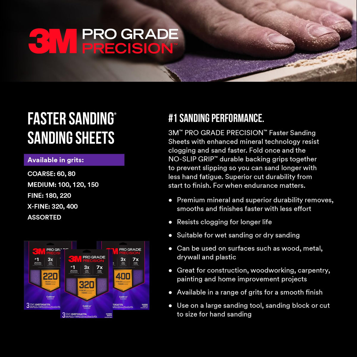 3M Pro Grade Precision Faster Sanding Sheets, NO-Slip Grip Backing, Assorted Grits 220/320/400, 9" x 11", 3 Sheets Each, 9 Total
