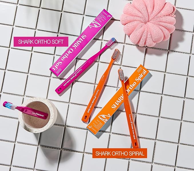 Orthodontic Toothbrush for Braces [4 Packs][Made in Korea] V Trim Cutting USA Bristles Braces Toothbrush for Brackets and Wires Cleaning (Shark Ortho Spiral, 4 Pack)