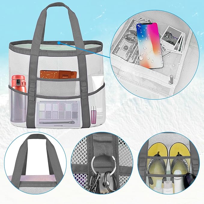Mesh Beach Bags for Family - Women Beach Tote Bag for Toys, Towels, Travel Vacation Cruise Essentials