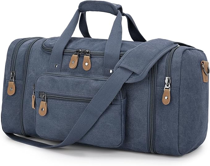 Gonex Canvas Duffle Bag for Travel 60L Expandable Duffel Weekend Overnight Bag men (Denim Blue)
