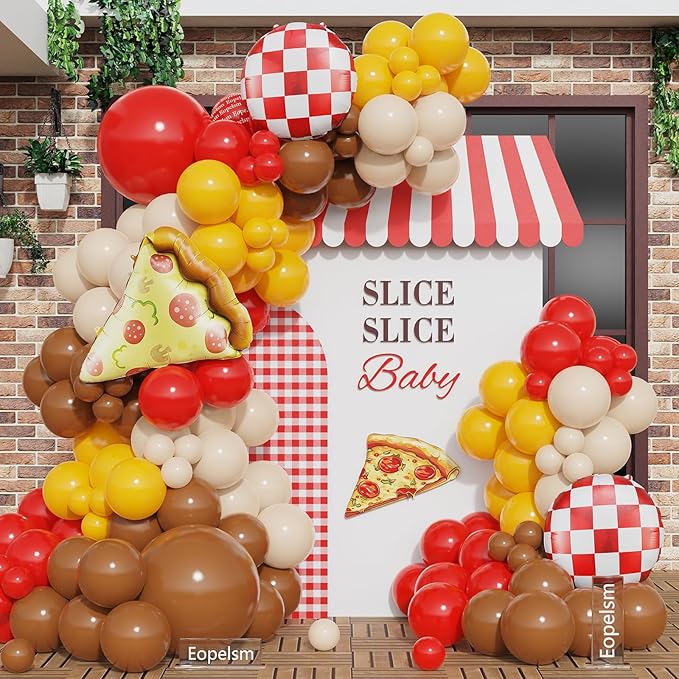 Pizza Balloon Garland Arch Kit 140Pcs Red Yellow Brown Sand White Balloons with Pizza and Red Checked Foil Balloons for Barbeque Gender Reveal Baby Shower Slice Slice Baby Party Decorations