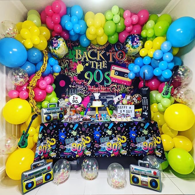 80s 90s Disco Party Decorations, 149Pcs Colorful Balloon Garland Kit Hot Pink Orange Green Balloons with Radio Retro Mobile Phone Balloons for Back to the 80s 90s Hip Hop Music Birthday Supplies