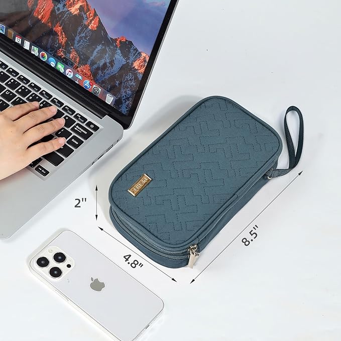 NISHEL Travel Cord Organizer Case, Double Layers Tech Electronic Bag, Essentials for Charger, Cable, Phone, Flash drive, Medium, Lake-Blue