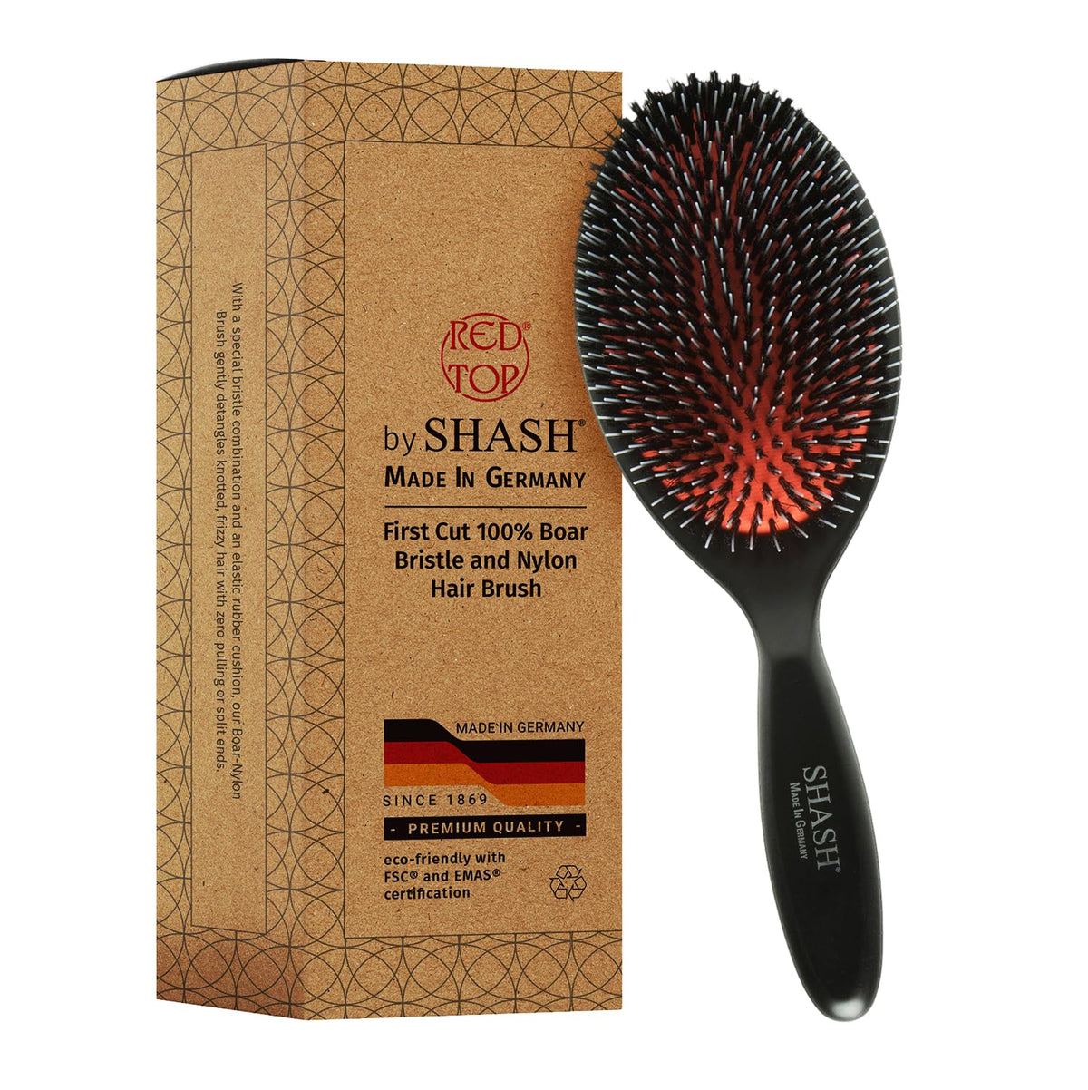 Since 1869 Hand Made In Germany - Nylon and 100% First Cut Boar Bristle Brush Suitable For Normal to Thick Hair - Gently Detangles, No Pulling or Split Ends - Softens Improves Texture, (Large)