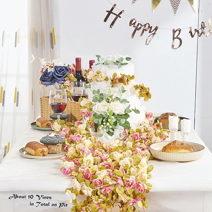 6 Pcs x 8.2 ft Flower Garland Artificial Rose Vine Flowers with Green Leaves Hanging Fake Roses Vine for Room Party Home Wedding Birthday Christmas Wall Arch Decor, Pink Champagne Flower