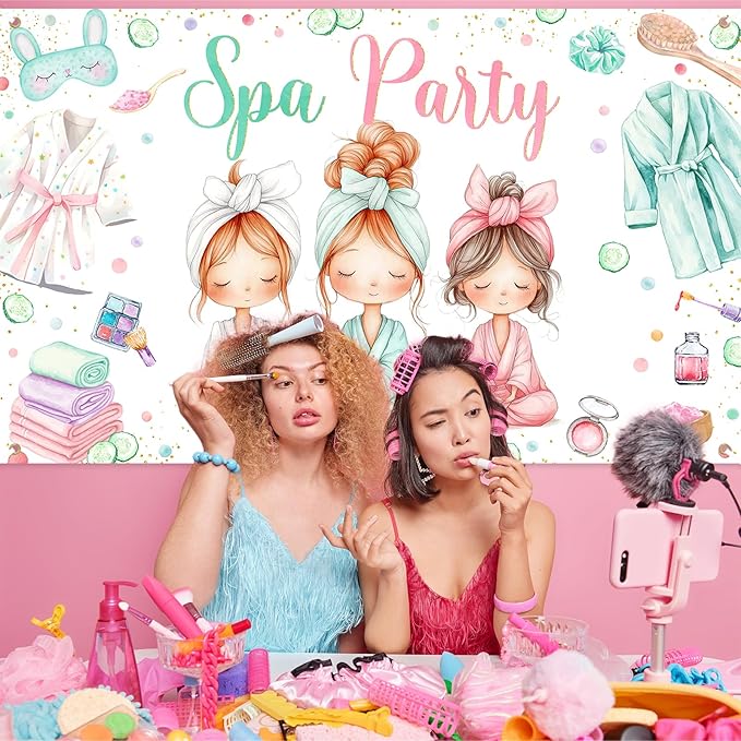Avezano Spa Party Banner Spa Theme Birthday Party Decoration for Girls Women Spa Day Makeup Slumber Pajama Sleepover Birthday Party Decoration Banner (6x3.6ft)