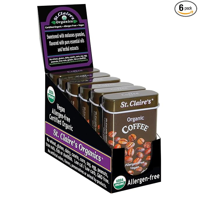 St. Claire's Organic Herbal Pastilles, (Coffee, 1.5 Ounce Tin, Pack of 6) | Gluten-Free, Vegan, GMO-Free, Plant-based, Allergen-Free | Made in our Allergen-Free facility