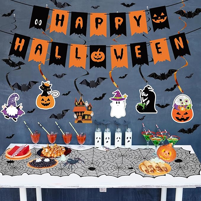 Halloween Decorations Indoor Set - Halloween Festive Decor Happy Halloween Banner Hanging Swirls & Spider Web Table Runner & Mantel Scarf & 3D Bat Sticker for Spooky Haunted House Home Kitchen Decor