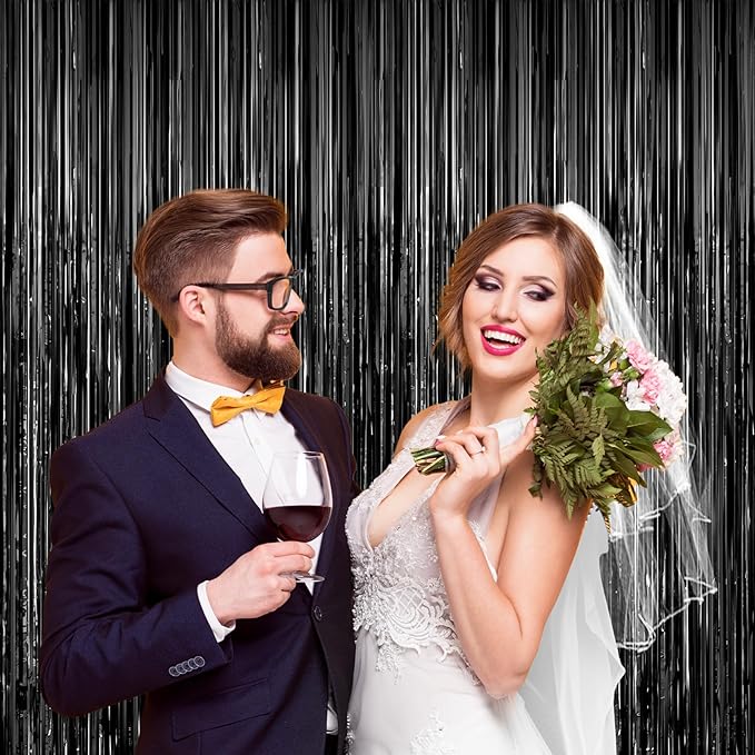 Black Foil Curtain Backdrop 2Pack Black Metallic Tinsel Fringe Curtains Photo Booth Props for Birthday Wedding Engagement Baby Shower Bachelorette Xmas Holiday Celebration Graduation Party Decorations