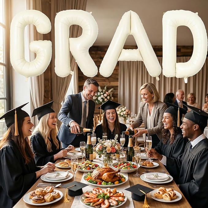 Biapian 40 Inch GRAD Balloons, Cream Letter Balloon, Beige Graduation Decorations, Large Banner With White Ribbon for Class of 2024 Party