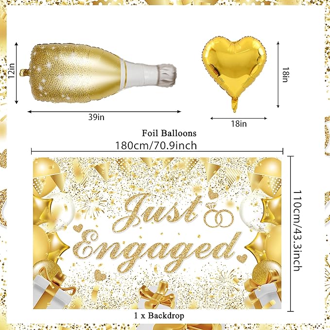 Vlipoeasn Gold Engagement Party Decorations for Couple, Just Engaged Backdrop Banner, Cake Topper, Honeycomb, Hanging Swirls