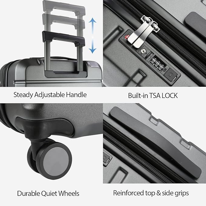 KROSER Hardside Expandable Carry On Luggage with Spinner Wheels & Built-in TSA Lock, Durable Suitcase Rolling Luggage with USB Port, Carry-On 20-Inch Steel Grey