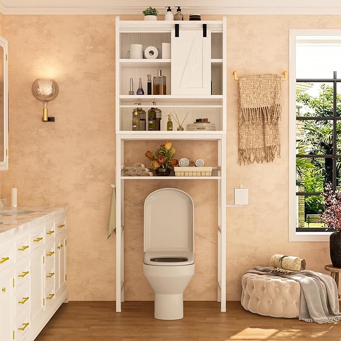 AWQM Over The Toilet Storage CabinetFreestanding Bathroom Organizer with AdjustableShelf & Paper Hook,Space-Saving Toilet Rack,White Retro Style (White, Sliding Door)