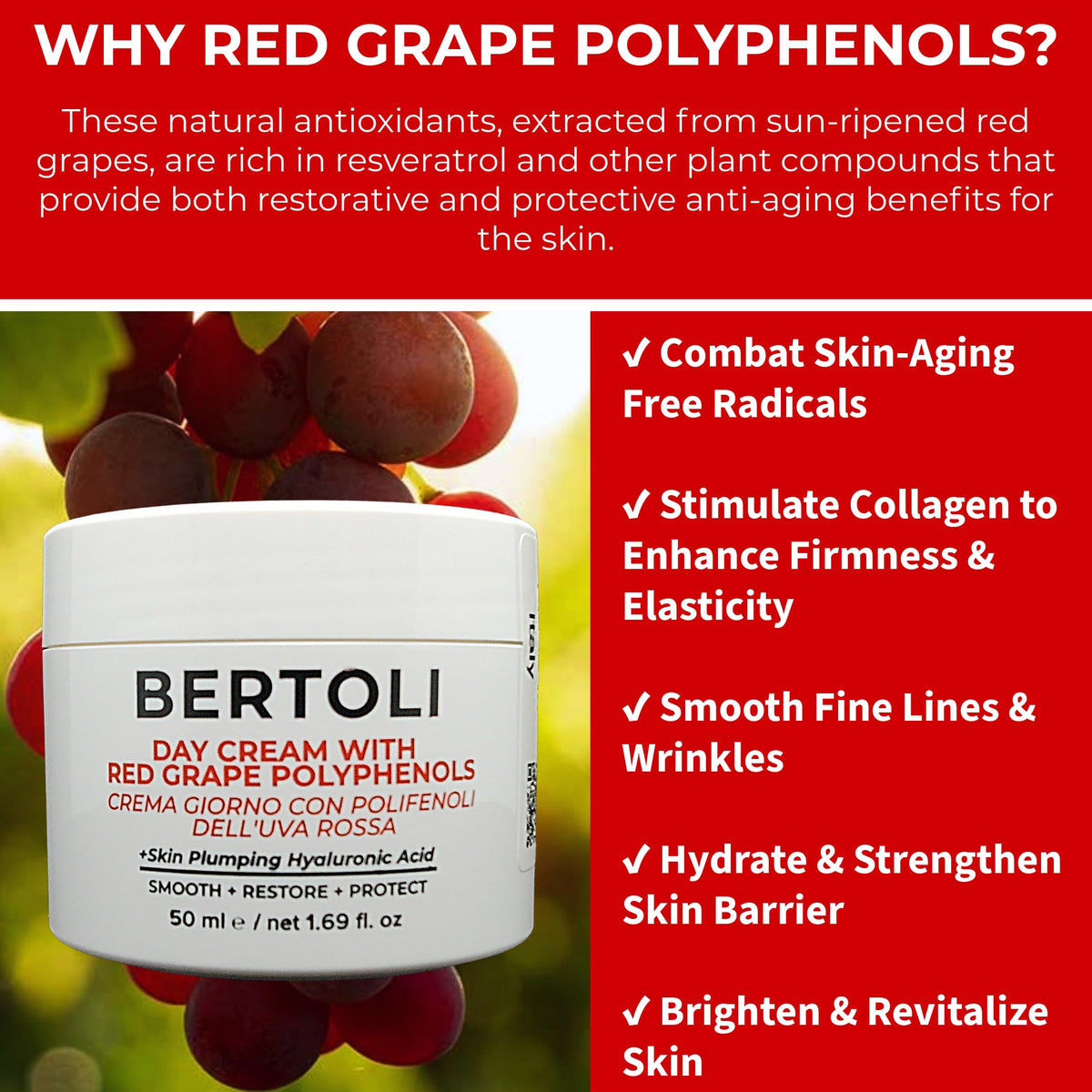 BERTOLI Polyphenol Cream – Age-Defying Face Moisturizer with Hyaluronic Acid & Resveratrol – Rich Italian Wrinkle Cream Made in Italy, Deep Hydration, Collagen Support, 98% Natural, Clean Skincare