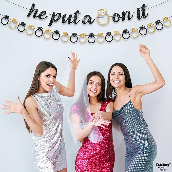 KatchOn, He Put a Ring On It Banner - 10 Feet, No DIY | Black and Gold Engagement Party Decorations | He Put A Ring On It Sign for Bachelorette Party Decorations, Bridal Shower Decorations