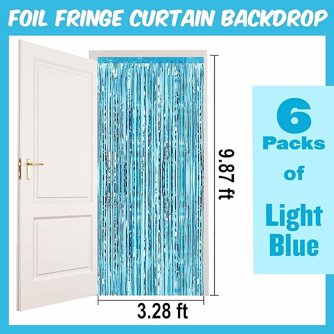 6 Pack Light Blue Foil Fringe Curtains Backdrop, 3.28 x 9.8 Ft Metallic Streamers Tinsel Curtains Background for Photo Booth, Birthday, Halloween, Christmas, Thanksgiving, New Year Party Decorations