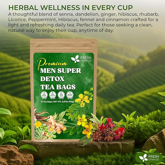 FreshDrinkUS, Premium 75 Tea Bags Men Super Detox Tea – Herbal Blend with Senna, Dandelion Root, Ginger, Peppermint & More – 100% Natural, Sugar-Free. Caffeine-Free. Gluten-Free. Vegan