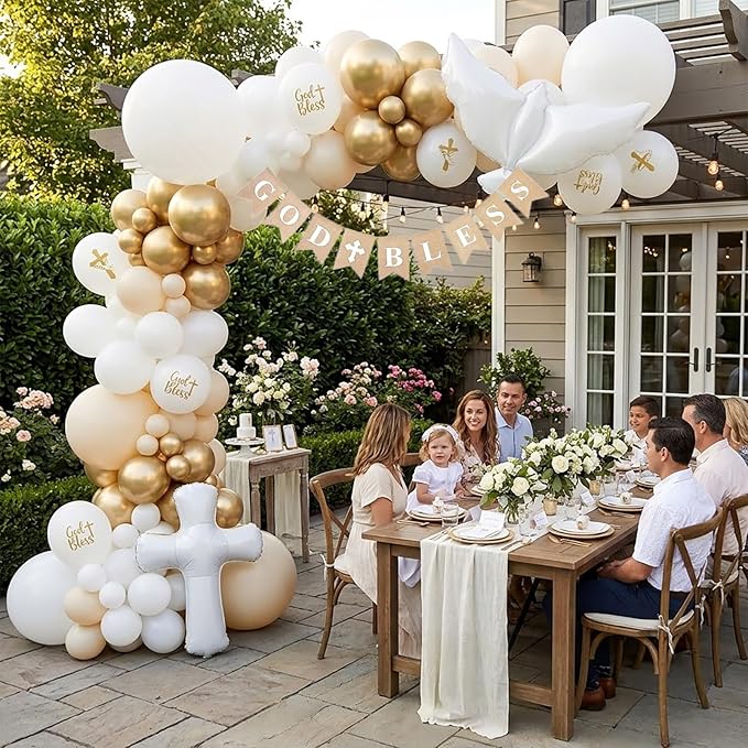 God Bless Baptism Decorations Kit Sand White & Pearl Champagne Gold Balloon Garland Arch - Dove Cross Foil Balloons, Banner for Christening, First Holy Communion, Confirmation, Religious Party