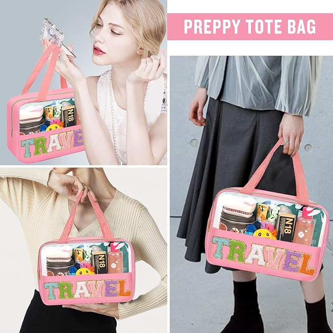 Preppy Clear Travel Makeup Bags with Chenille Letter Patches, Travel Essentials Large Clear Make up Bag Zipper Pouch with Handle, Waterproof Nylon Cosmetic Toiletry Storage Tote for Women(TRAVEL-Pink)
