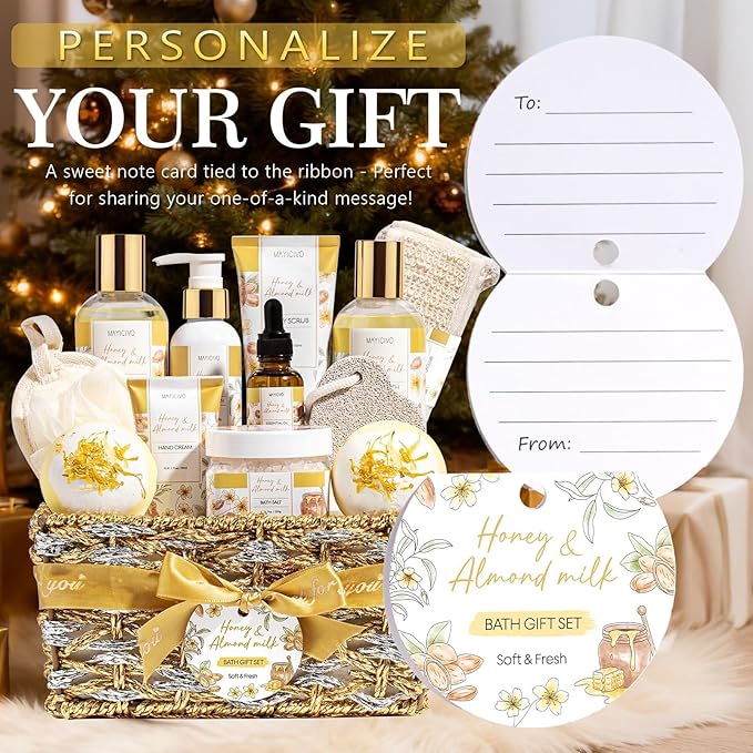 Birthday Gifts for Women, Honey & Almond Milk Relaxing Spa Gift Baskets for Women Self Care Package Bath Gift Set, Home Bath and Body Kit Pamper Valentines Day Gifts for Her Womens Mom Friends Sister