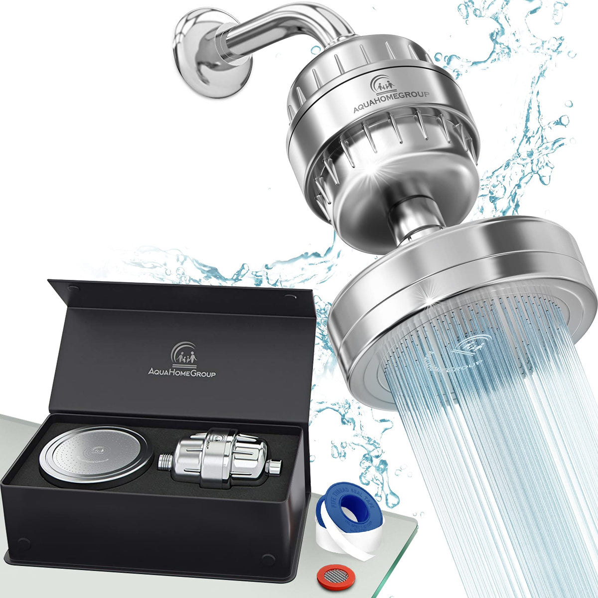 AquaHomeGroup High Pressure Filtered Shower Head with 20+3 Stage Shower Filter | 1.8 GPM California Compliant | Reduces Chlorine - Softer Skin & Hair