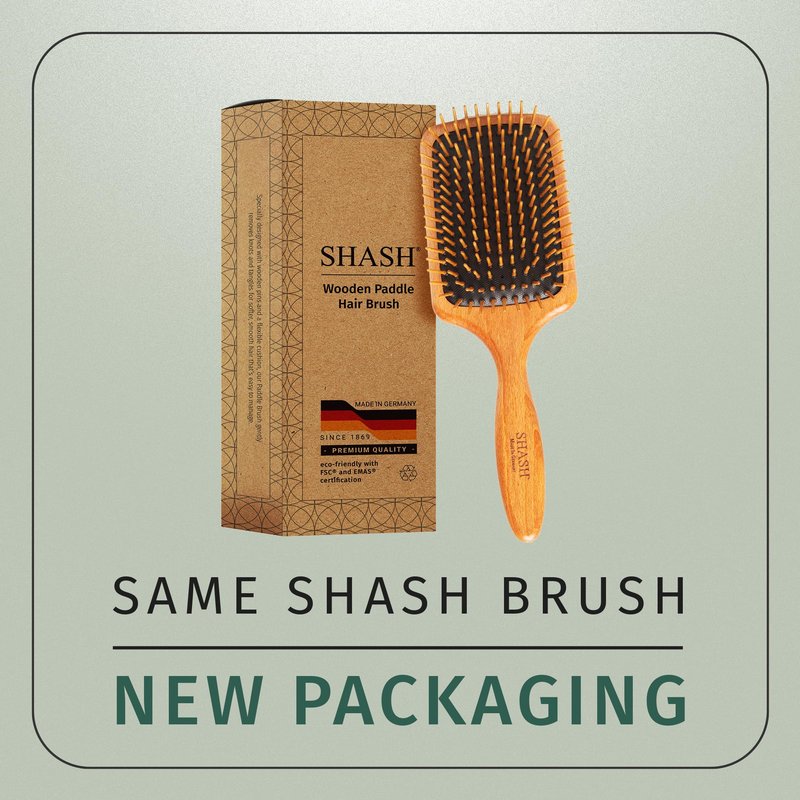 SHASH Since 1869 Made in Germany Wooden Paddle Brush - Gently Detangles, Styles, Conditions Hair with Minimal Frizz and Breakage - Safe for All Hair Types, Wet or Dry - Eco-Sourced Wood
