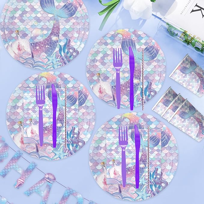 Mermaid Party Supplies Tableware Set,Purple Birthday Decoration Including Plates Napkins Cups Invitation Cards Banners Tablecloths Knife Fork Straws for Party Baby Shower Decorations,Serves 20