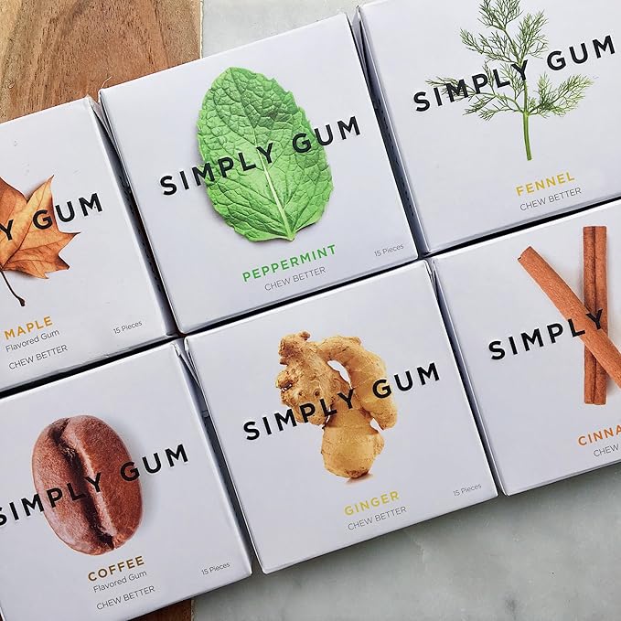 SIMPLY Gum Variety Pack (Assorted Flavors), Plastic-Free Natural Chewing Gum, 6 pack (90 pieces) | Vegan, Kosher, Non GMO, Aspartame Free and Sorbitol Free