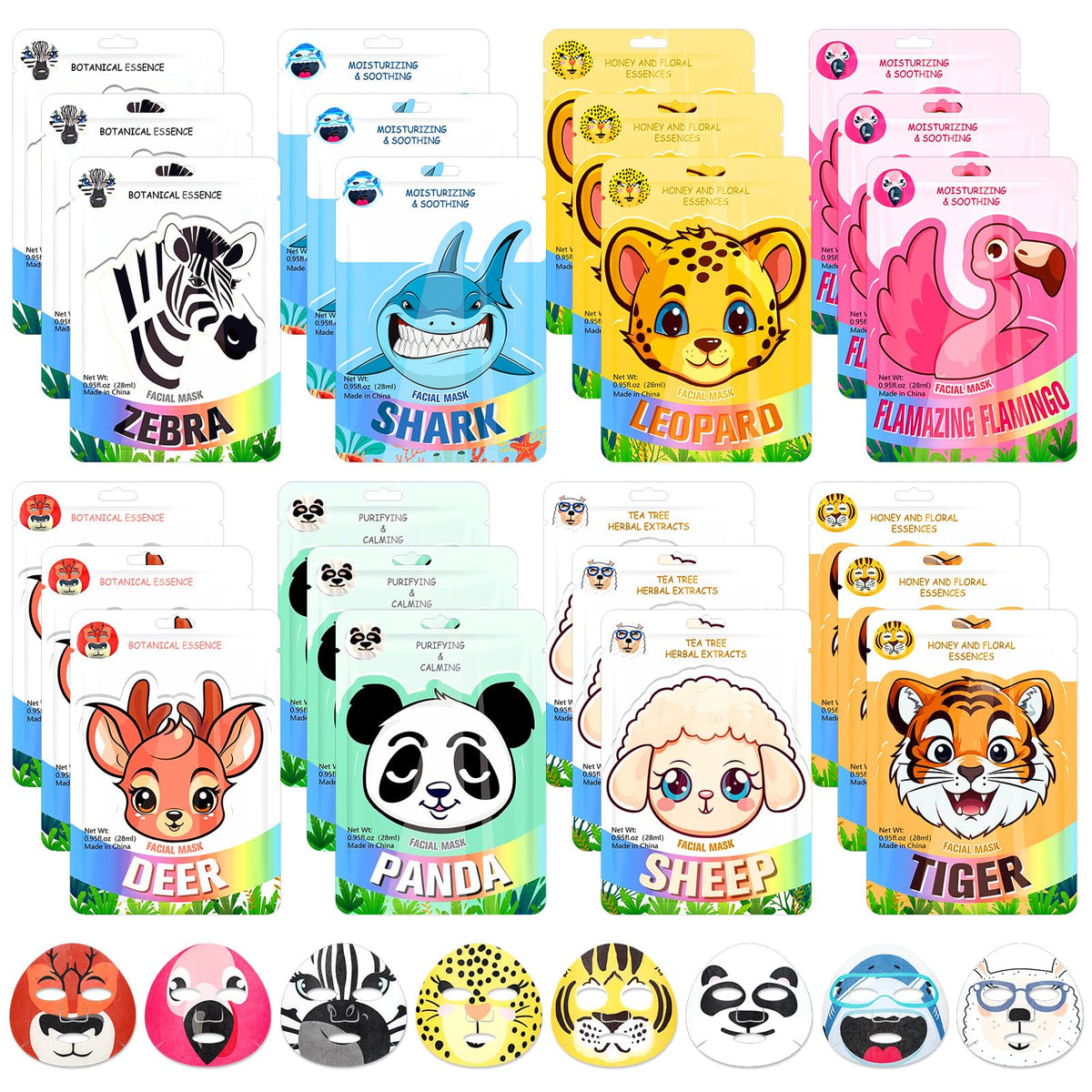 Dansib 24 Pcs Animal Face Masks Bulk Spa Sheet Skincare Facial Mask Funny Face Skin Care for Women Girls Sleepover Slumber Party