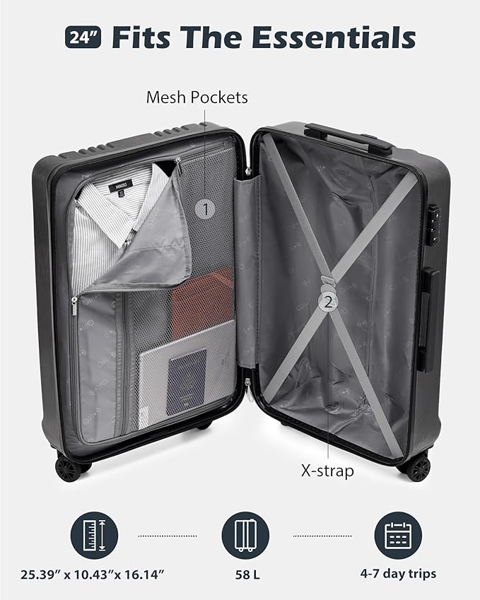 Coolife Luggage PC+ABS Hardshell Suitcase with TSA Lock, Spinner Checked Lightweight (navy, M(24IN))