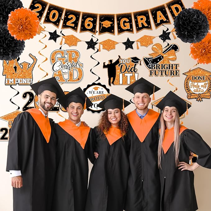 Orange and Black Graduation Decorations, 2026 Grad Banner and Congrats Grad Hanging Swirls, Orange Graduation Banner Graduations Hanging Swirls College Graduations Party Decorations Class of 2026