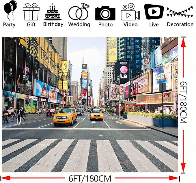 6x6FT Taxi New York Fashion Street Party Photography Background NYC Time Square Buildings Photo Backdrops Adult Portrait Studio Booth Props Banner