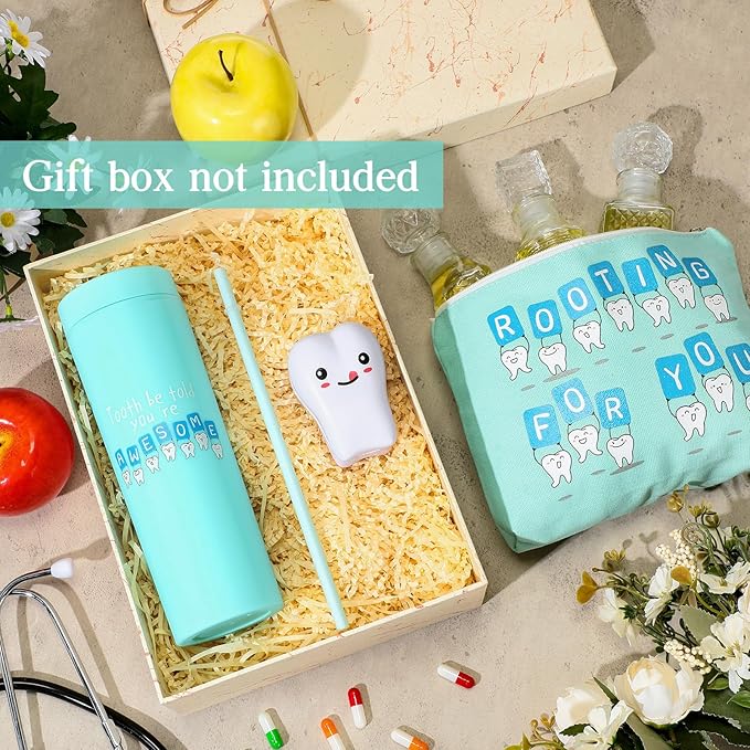 Skylety 3 Pcs Dental Hygiene Month Gifts Dental Assistant Hygienist Appreciation Gift 16oz Tumbler with Lid Cute Teeth Makeup Bag Stress Toy Employee Thank You Dentist Coworker Nurse Student(Green)