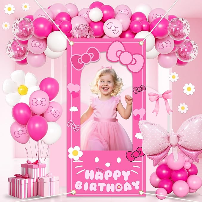 Birthday decorations for girls,Happy Birthday Banner, 35 Balloons,Pink bow Foil Balloon,Photo Booth Props for women (Pink Cat)