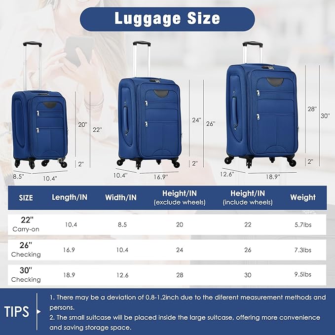 Merax Softside Luggage Set Softshell Lightweight 3 Piece Spinner Suitcase with Duffel Bag Expandable Upright Travel Luggage 22" 26" 30",Navy Blue