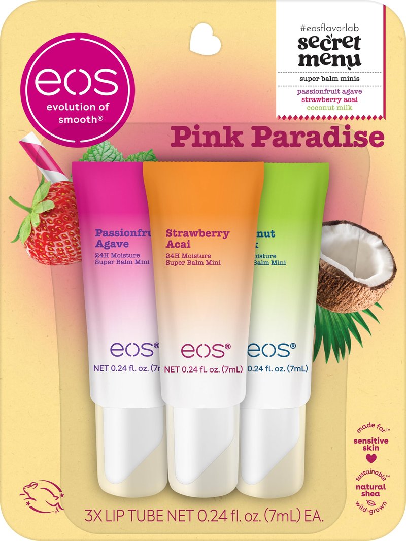 eos 24H Moisture Super Balms Minis- Pink Paradise, Limited-Edition, Nourishing, Dry Lips, Variety Pack Mini, Lip Balms, 0.169 fl oz, 3-Pack