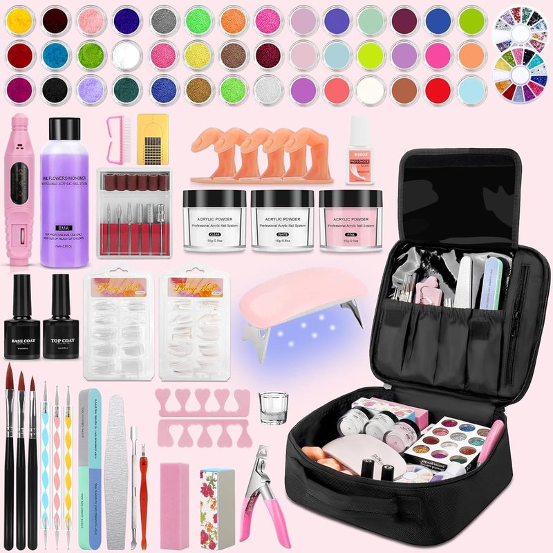 42 Colors Acrylic Nails Kits with Drill and UV Light- Acrylic Nail Powder Glitter and Monomer Liquid Kit with Nail Storage Bag, 5PCS Practice Finger