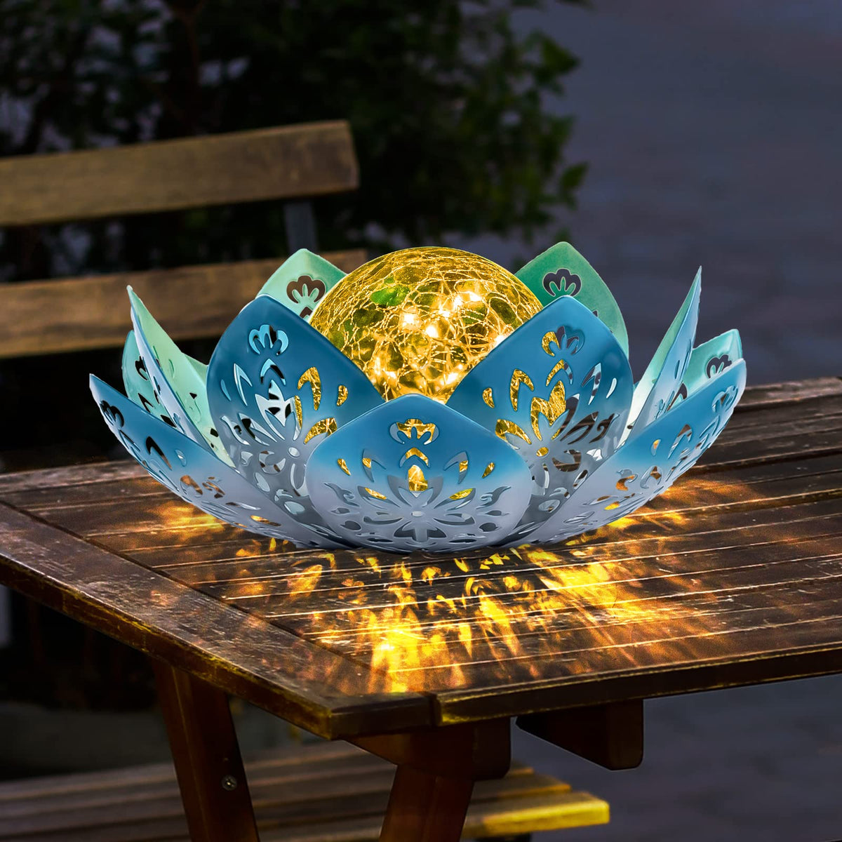 Huaxu Solar Lights Outdoor Decorative - Bright Blue Lotus Flower Table Lamp, Glass Globe 30 LED Waterproof Metal Decorations Gifts for Mom Women Garden Patio Pathway Yard Balcony Outside Decor