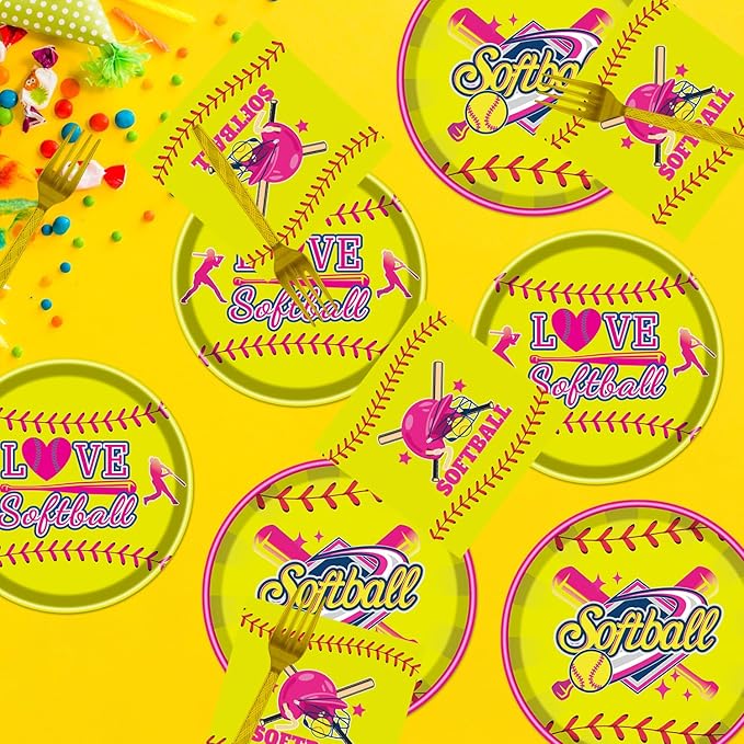 Rakuto Softball Party Decorations Supplies, 96PCS Party Paper Plates Napkins Forks Softball Plates Dinnerware, Sports Birthday Baby Shower Tableware Set (24 Guests)