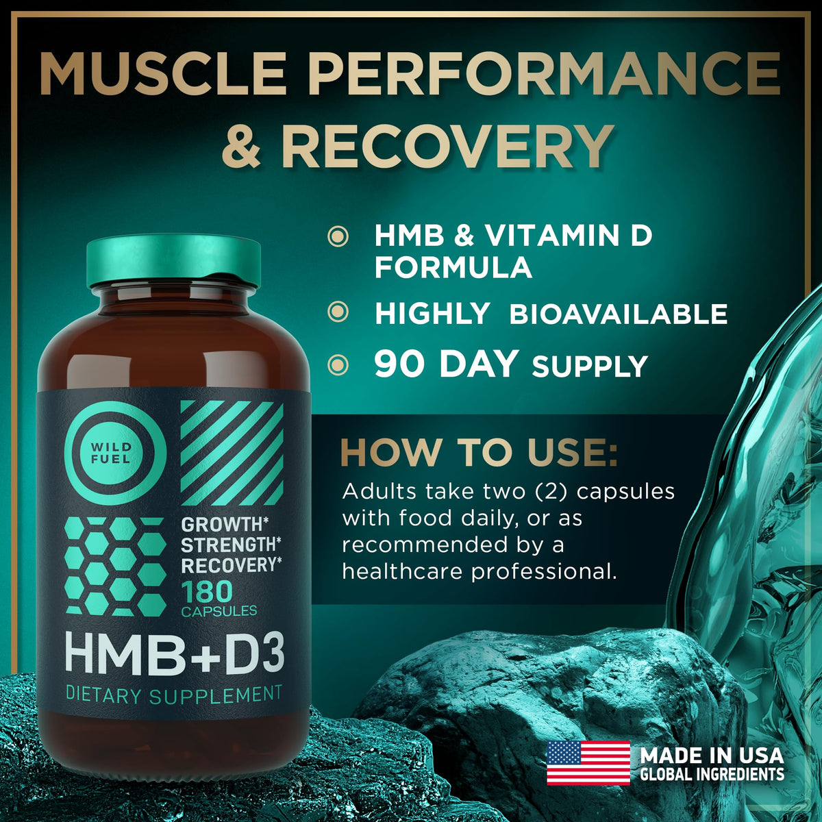 WILD FUEL 3,000mg HMB Supplement Plus Vitamin D3 - Muscle Growth, Strength, Fast Workout Recovery HMB Supplements for Men and Women - Calcium Beta-Hydroxy Beta-Methylbutyrate - 180 Capsules