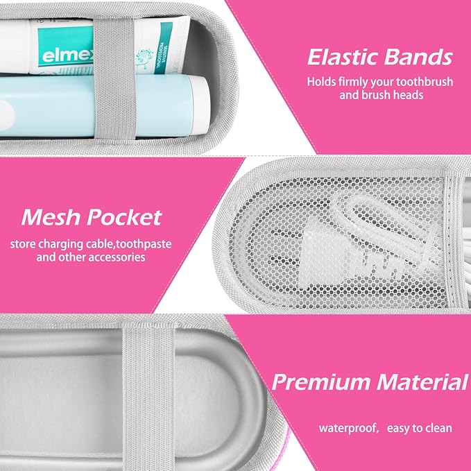 TYSORETY Toothbrush Travel Case for Oral B/Oral-B Pro 1000 1500 5000 7000 & Philips Sonicare 4100 1100 5300 5100 6100/iO Electric Toothbrush, Hard Protective Storage Bag (Pink)