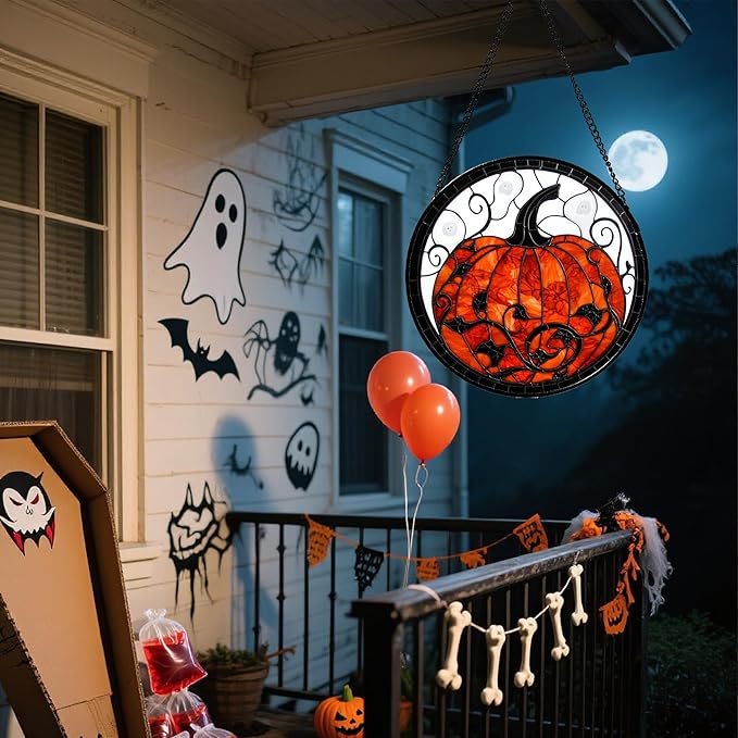 Stained Glass Window Hanging - Halloween Red White Scary Pumpkin Suncatcher for Doors Garden Home Spooky Rattan Sun Catchers Gothic Decor Horror Gifts for Women Men Friend Boy Girl 9.8 in