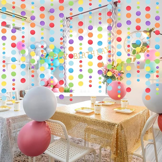 5 Pcs Colored Garland Glitter Colorful Circle Dots Garland, PLULON 65 Ft Hanging Paper Polka Dot Streamer Backdrop Banner for Party Decor Birthday Baby Shower Classroom Stitch Party Supplies