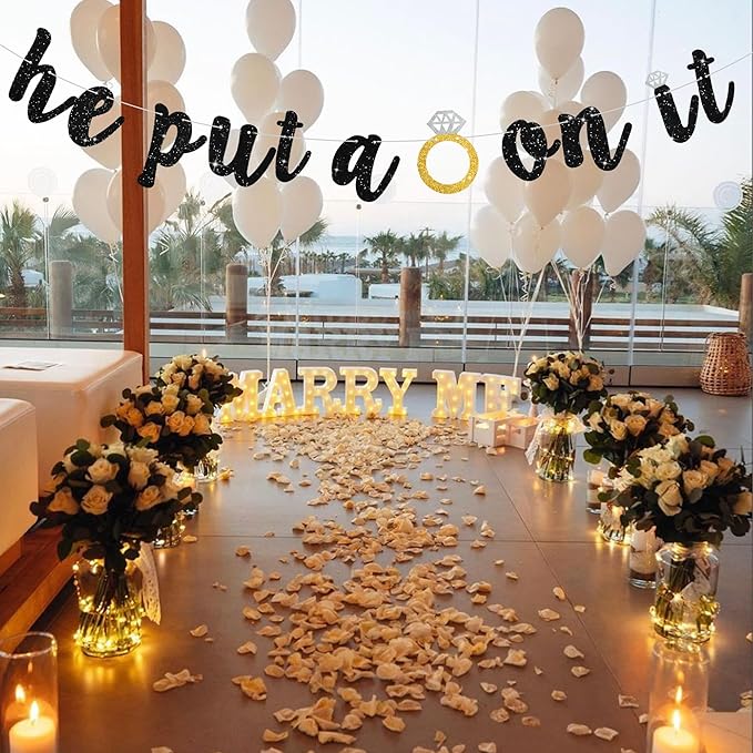 Glitter Black He Put A Ring On It Banner Pre-Strung Engagement Decorations Bridal Wedding Party Backdrop Sign Garland Bachelorette Party Decor,NO DIY