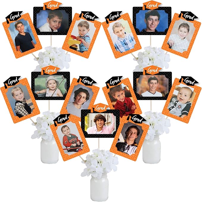 Orange Grad Graduation Photo Display Centerpiece Kit - 15 Double-Sided Photo Table Topper Sticks, Vertical and Horizontal 4x6 Picture Holders, DIY Party Decoration Set