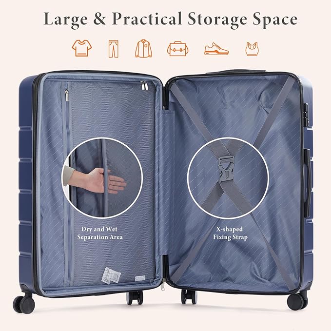 Sweetcrispy Carry on Suitcase, Luggage with Spinner Wheels, Hard Shell ABS, TSA Lock, 24 Inch Blue